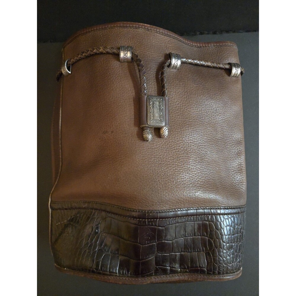Vintage 1996 BRIGHTON Melanie Leather Drawstring Bucket Bag Croc Trim Brown Boho